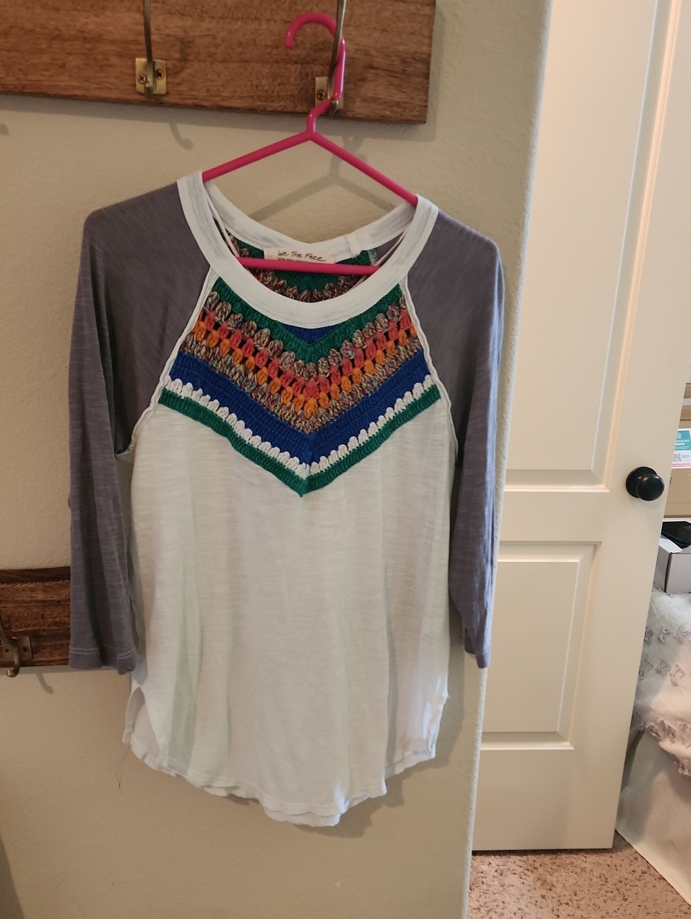 We The Free White Raglan Top with Gray Sleeves and Multicolor Crochet Yoke